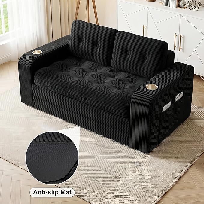 55 Futon Sofa Bed 4‑in‑1 Convertible Sofa Bed Folding Boneless Couches for Living Room Fold Out Small Foldable Loveseat Floor Sleeper Comfy Mattress Lounge Space‑Saving Black