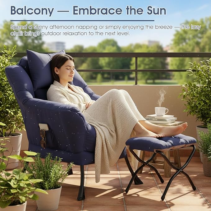 Lazy Chair with Ottoman Large Accent Chair with Ottoman and a Throw Pillow Navy Reading Chair for Living Room Bedroom Dorm Room Office Apartment Relaxing Use