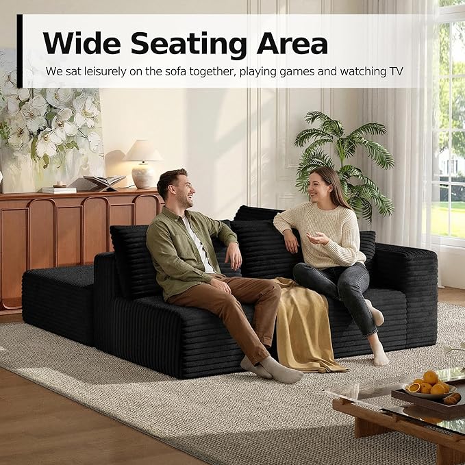 MoonSpeak 107 Sectional Boneless Couches for Living Room.Deep Seat Corduroy L Shaped Modular Sofa.Cloud Sectional Sofa.Upholstered Couches with Oversized Chaise(BlackLeft Chaise)