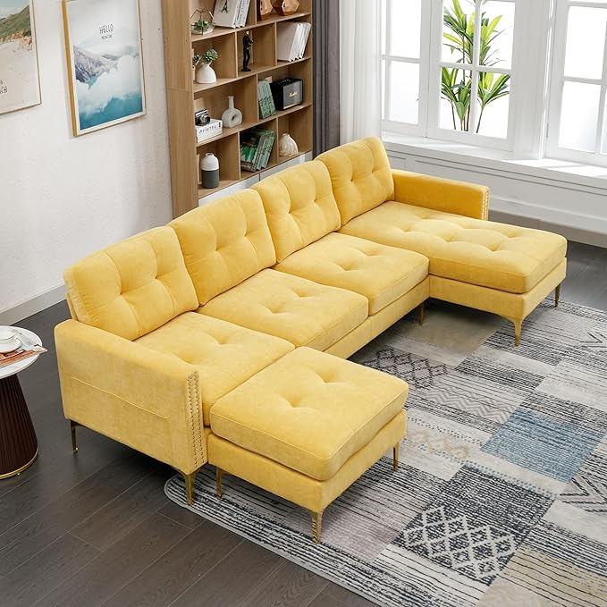 kevinplus 111 Velvet Sectional Sofa Couch for Living Room Modern Contemporary L-Shaped 4-Seat Tufted Sofa Couch with Chaise Lounge &amp Ottoman for Apartment Office Strong Metal Leg Yellow