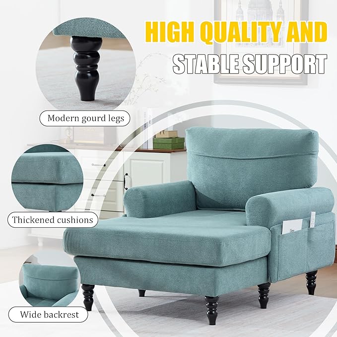 KEIKI Chaise Lounge Chair Indoor Oversized Accent Chenille Armchair with Storage Leisure Sleeper Single Sofa Side Chair Corner Recliner Arm Chairs for Living Room Reading Easy Assembly Mint Green