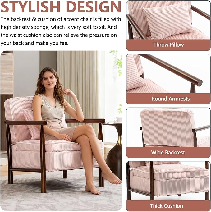 Pink Accent Chair with Storage 24 W Mid Century Modern Chair with Cushion Upholstered Corduroy Reading Chair with Wooden Legs Comfy Arm Chairs for Living Room Bedroom (Pink)