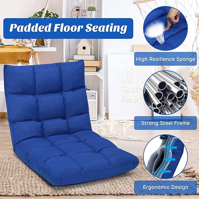 ERGOMASTER Floor Chair with Back Support Adjustable Folding Gaming Chair - 14-Position Cushioned Lazy Sofa for TV Reading Meditating Video Gaming - 264 lbs Capacity