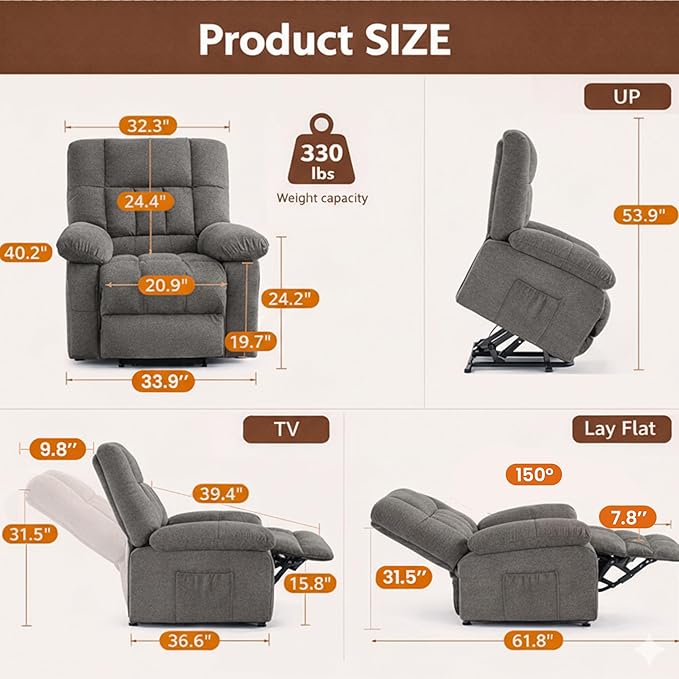 HealSmart Power Lift Recliner Chair with Massage &amp Heat Overstuffed Fabric Reclining Chair with Remote Side Pockets for Living Room &amp Bedroom Grey