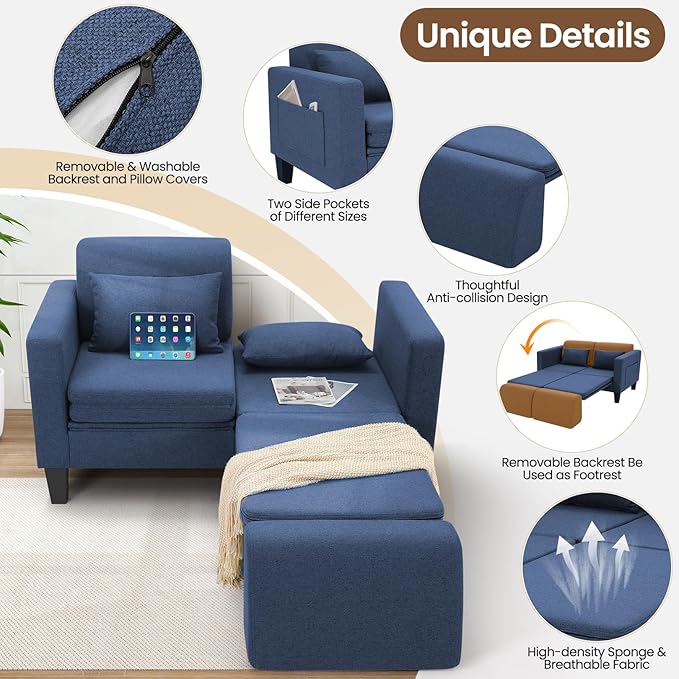 6 in 1 Multifunctional Sofa Bed 58 Convertible Pull Out Couch Loveseat Sleeper w/Removable Backrest Foldable Mat Storage Pockets &amp 2 Pillows Modern Folding Linen Sofas for Small Spaces Blue