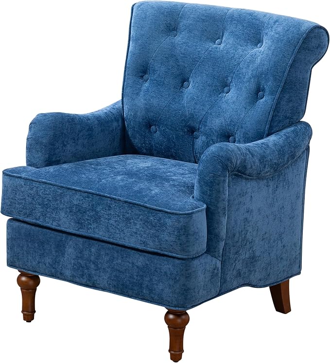JOSHEN 35.5 Chenille Club Accent ChairUpholstered Fabric Sofa ChairReading Chair with Springs Cushions and Retro Wooden Legs for Living RoomBedroomOfficeBlue