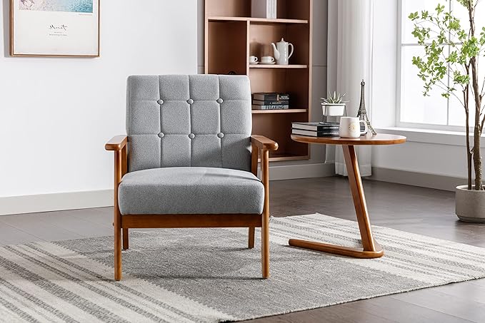 Leisure Chair with Solid Wood Armrest and Feet Mid Century Modern Accent Chair for Living Room Bedroom Studio Chair