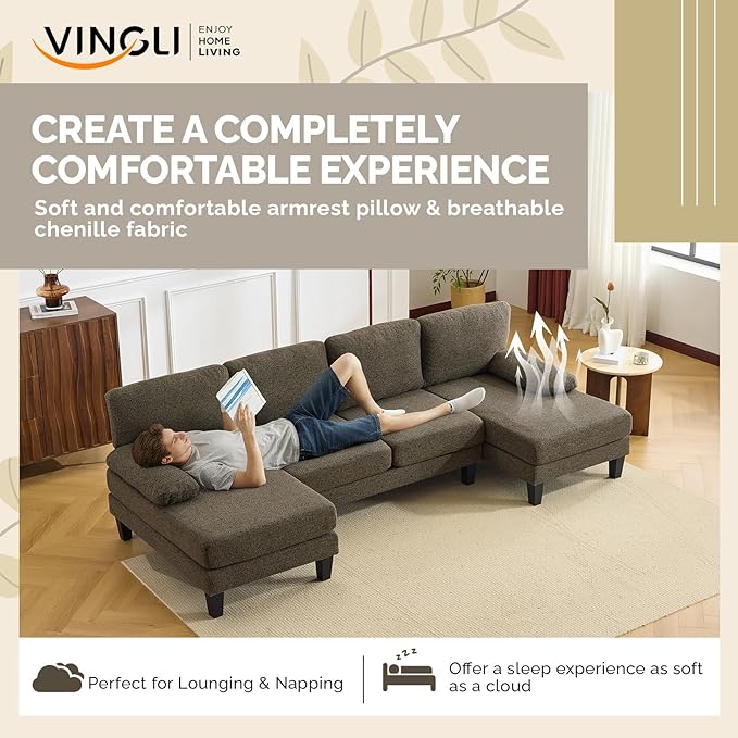 VINGLI 110' U-Shaped Sectional Couch with Two Chaise Affordable Small Sofa with 4 Seats Chenille Fabric Comfy Couches for Living Room Dark Brown