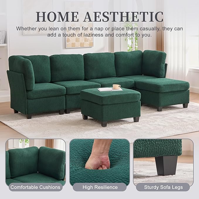 113 U Shaped Modular Sectional Sofa Couch with Storage Ottoman 6 Seat Convertible Upholstered Deep Seat Sleeper Sofa with Chaise Lounge Cloud Couch for Living Room Emerald Green