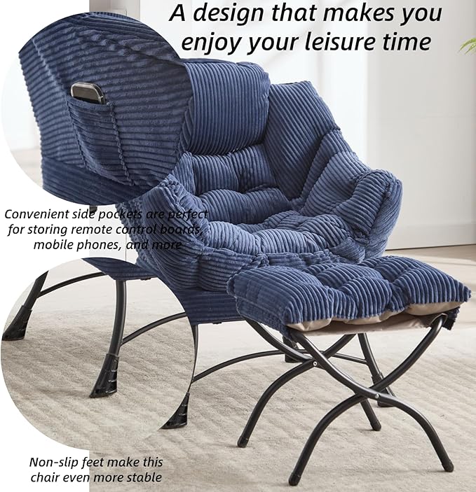 Modern Lazy Chair with Ergonomic Ottoman Comfortable Lounge Chair with Footrest for Space Saving Comfy Reading Armchair for Living Room Bedroom Office Navy