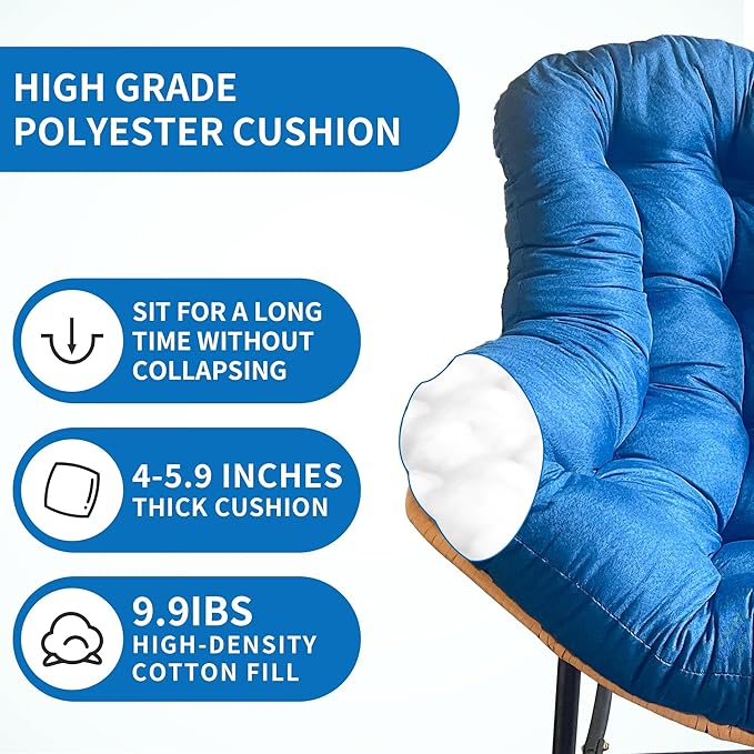 Outdoor Rocking Chair Patio Egg Rocking Chair Indoor Papasan Chair Rattan Wicker Lounge Chair Modern Royal Chair for Bedroom Living Room Porch GardenLawn-Beige (Blue)