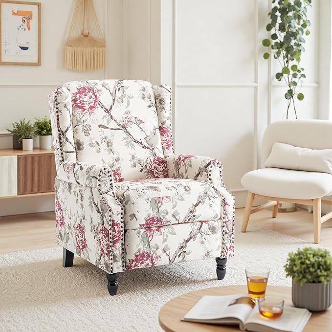 Pushback Recliner Chair Floral Fabric Wingback Recliner Chair Upholstered Rivet Trim Armchair Push Back Recliner Accent Chair for Living Room Small Spaces Plants Floral