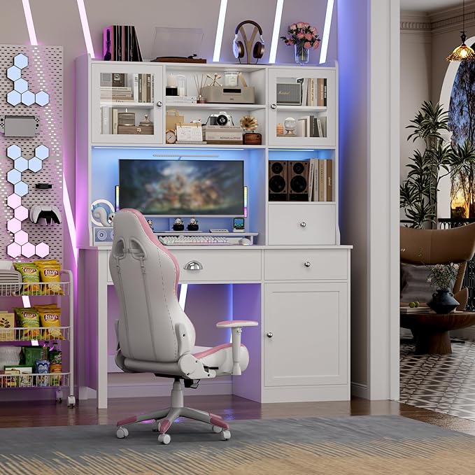 FACBOTALL Computer Desk with Hutch and RGB Lights 65 Office Desk with Power Outlet Makeup Vanity with 3 Doors &amp 3 Drawers White Executive Desks for Home Work and Study