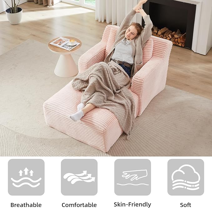 Chaise Lounge Chair Indoor Upholstered Corduroy Single Lounge Sofa Couch Comfy Reading Recliner Sleeper Sofa Chair Bed with Armrests and Pillows for Bedroom Living Room (Pink)