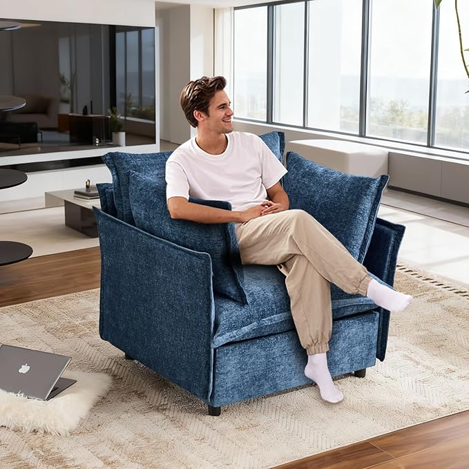 VINGLI Blue Accent Chair 34 Width Oversized Reading Chair Upholstered Armchair Soft Chenille Fabric Living Room Chairs Sofa for Adults Bedroom Home Office Play Room