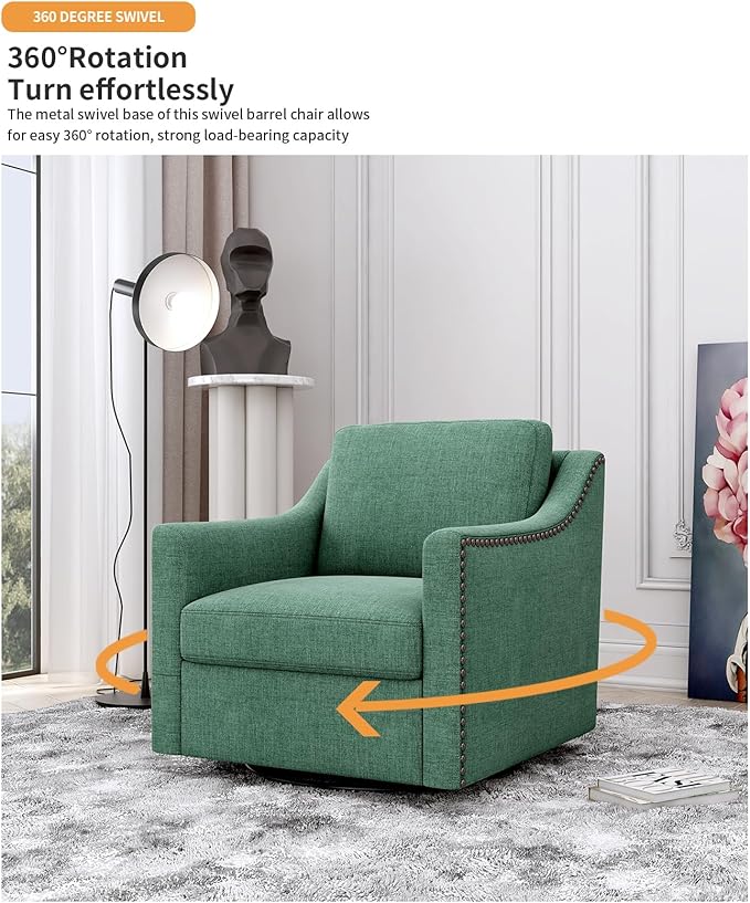 Modern Swivel Chair 360 Degree Swivel Accent Chair Mid Century Armchair Linen Fabric Upholstered Arm Chair with Rivets for Nursering Living Room Bedroom Office Waiting Room Green