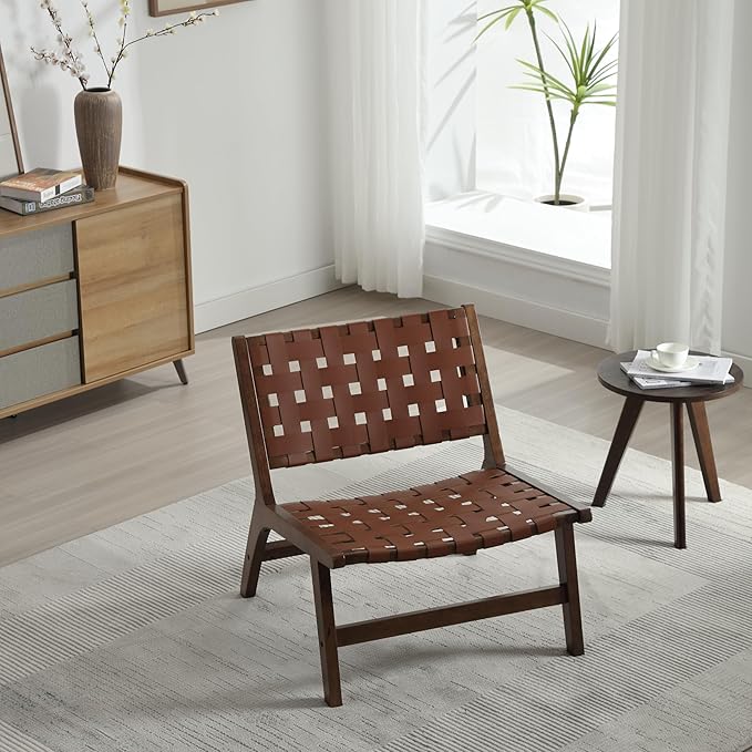 Saddle Leather Woven Leisure Chair Solid Wood Legs Suitable for Living Room Study or Balcony