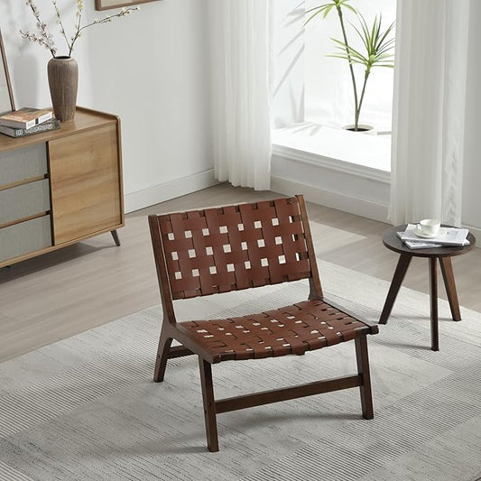 Saddle Leather Woven Leisure Chair Solid Wood Legs Suitable for Living Room Study or Balcony