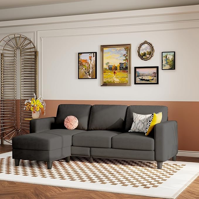 73 Small Sectional Sofa with Reversible Chaise Linen Fabric L-Shaped Couch with Solid Oak &amp Iron FrameHigh-density Sponge Spring Seat CushionRemovable Sofa Cover Compact Apartments and Studios