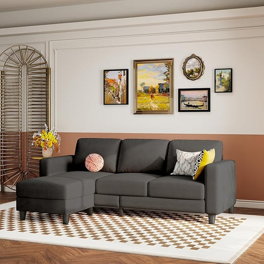 73 Small Sectional Sofa with Reversible Chaise Linen Fabric L-Shaped Couch with Solid Oak &amp Iron FrameHigh-density Sponge Spring Seat CushionRemovable Sofa Cover Compact Apartments and Studios