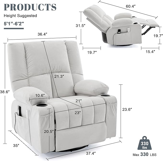 Oversized Recliner Chairs for Adults 270° Swivel Rocker Recliner with Heat and Massage Lazy Boy ReclinerRecliner Chairs Single Sofa Seat with Cup Holders (LightGreyElectric)