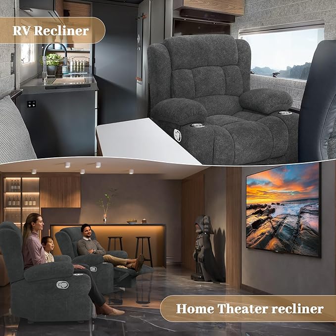 Recliner Chair for Adults Oversized Fabric Manual Pull Tab Reclining Chair with Cup Holders Minimalist Style Single Sofa for Living Room RV (Grey)