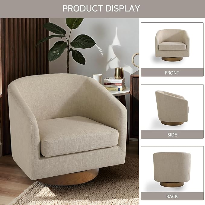 Swivel Barrel Chair 31 W Modern Round Swivel Accent Chair for Living Room 360° Rotation Upholstered Linen Fabric Armchair Club Chair for Bedroom Reading Room Office (Light Brown)