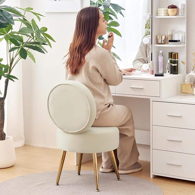 Furniliving Armless Vanity Chair for Makeup Room Velvet Vanity Stool with Back Living Room Chair with Solid Metal Legs for Bedroom Study Room Vanity(Khaki)