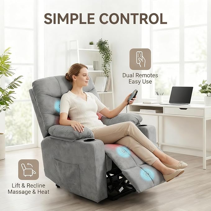 Electric Power Lift Recliner Chair for Elderly Lift Recliner Chair with Massage and Lumbar Heat 150° Reclining Chair with Cup Holders Side Pockets and Remote Control Ideal for Living Room (Grey)