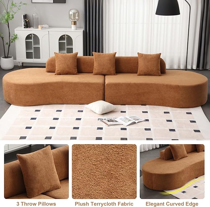 130.5” Oversized Curved Sectional Sofa Modern Cloud Curved Couch Boneless Compression Sofa with 3 Pillows for Living Room Apartment Office No Assembly Required Terrycloth Fabric Brown