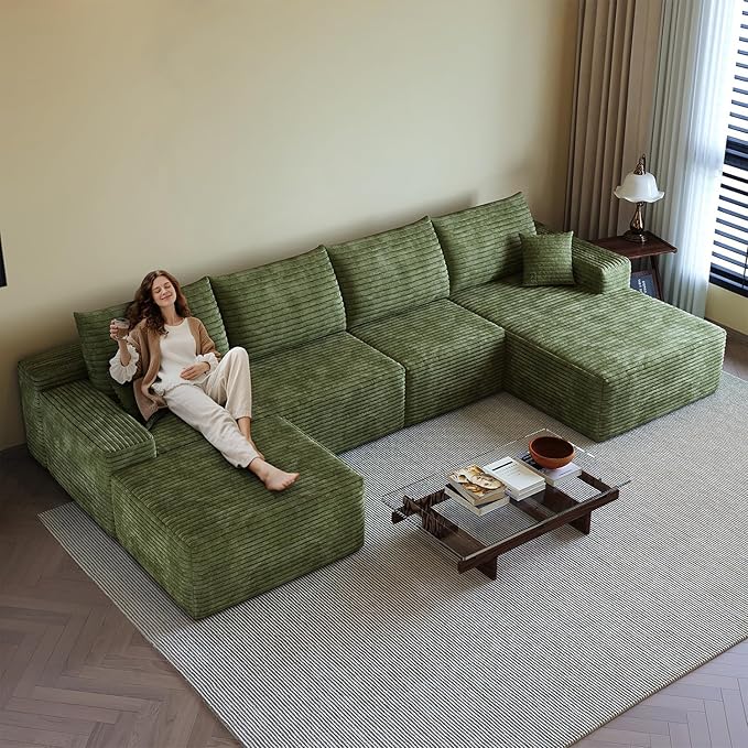 135.4 U Shaped Sectional Corduroy Boneless Couch with 1 Ottoman Modern Modular Couches for Living Room Apartments Upholstered Cloud Sofa with Deep Seat No Assembly Required (Green)