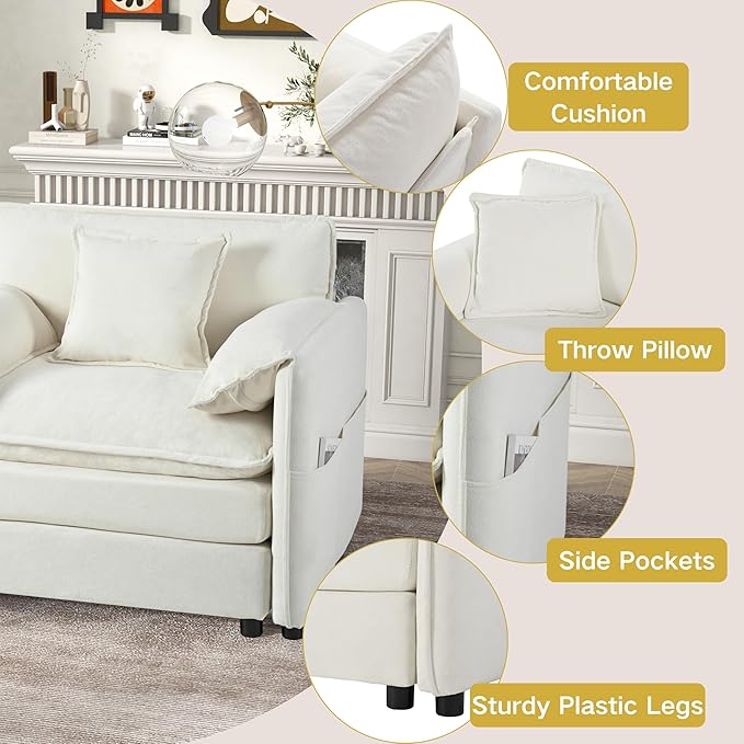 Oversized Chenille Loveseat Sofa 76” Comfy 2 Seater Couch with Deep Seat Modular Love Seat Couch for Living Room Bedroom Apartment Easy Assembly Small Cloud Couch White