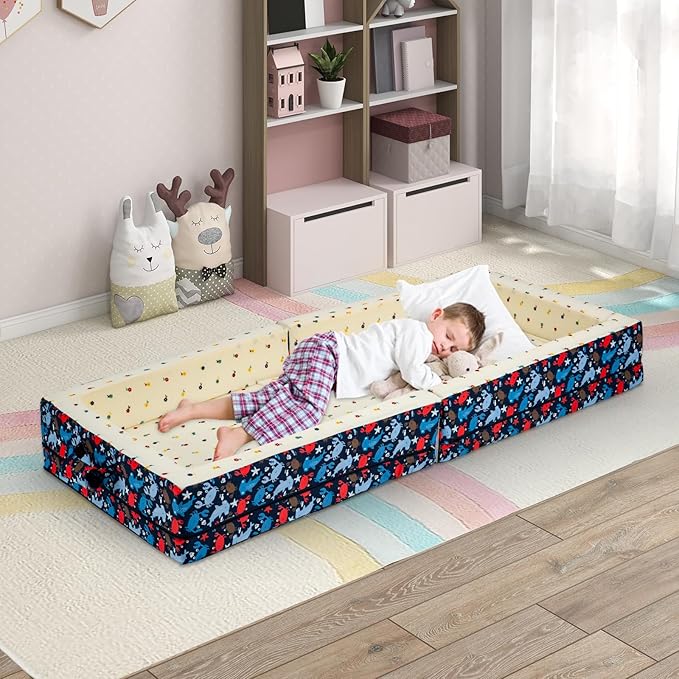 100% Cotton Lining Portable Foldable Toddler Travel Bed - Soft Foam Floor Bed with Washable Cover Safe and Comfortable Toddler Crib Ocean Blue