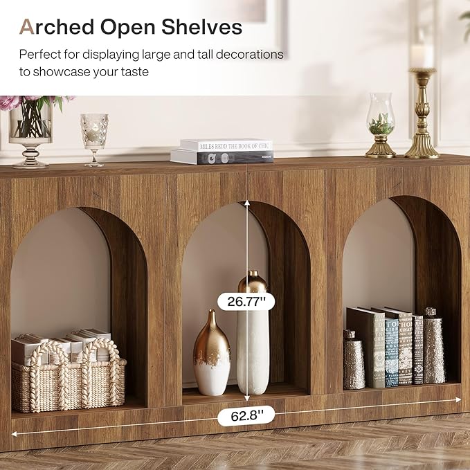 Tribesigns 70.9 Console Table with Storage Wood Entryway Entry Table with 3 Arched Shelves for Foyer Hallway Living Room Behind Couch Sofa Narrow Long Brown