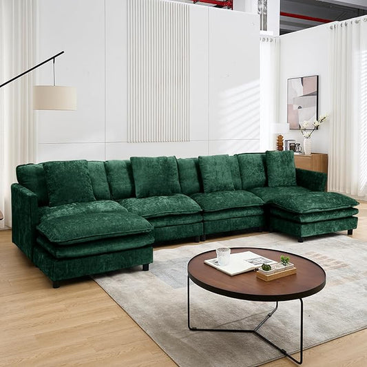 Sectional Sofa Modular Deep Seat Sofa Couch with Ottoman 143'' Chenille Sofa Sleeper Comfy Upholstered Furniture for Living Room Apartment Studio Office (Green 143.31- U Shape)