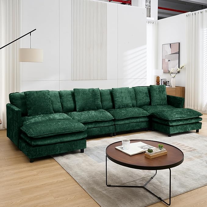 108’’ Modular Sectional Sofa with Sleeper Comfy Cloud Couch L Shaped Chenille Couch with Thick Cushions &amp Movable Ottoman for Living Room Bedroom (Green 143.31- U Shape Sofa)