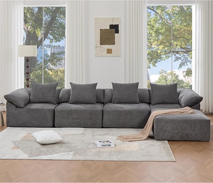142 L Shaped Chenille Sectional Sofa Oversized Fluffy Cloud Couch with Memory Foam 5 Seater Modular Sleeper Sofa with Ottoman for Living Room No Assembly Gray