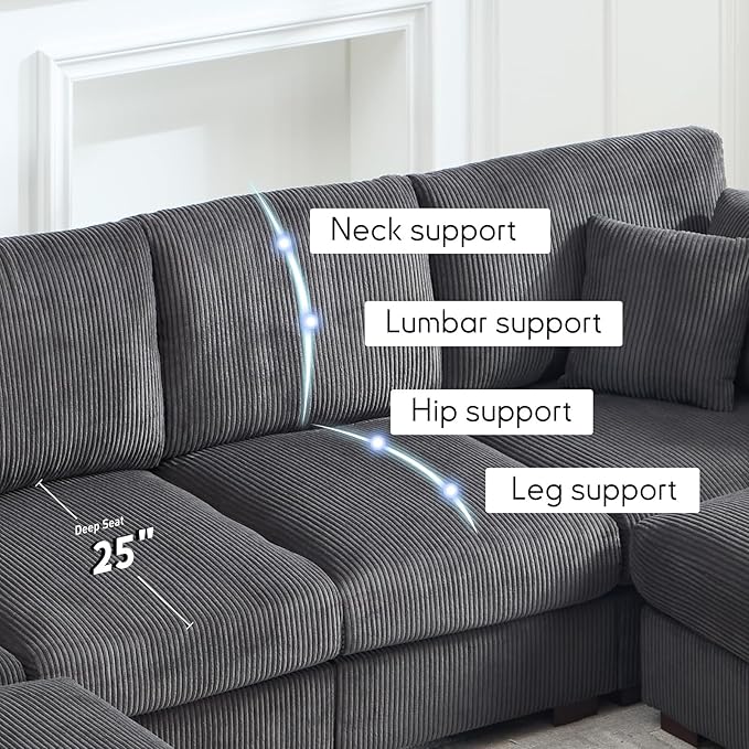 Bonzy Home 120” Oversized Modular Sectional Sofa U Shaped Corduroy Convertible Couch with Movable Ottoman 4 Pillows and 25” Deep Seat Comfy Couches for Living Room Dark Grey