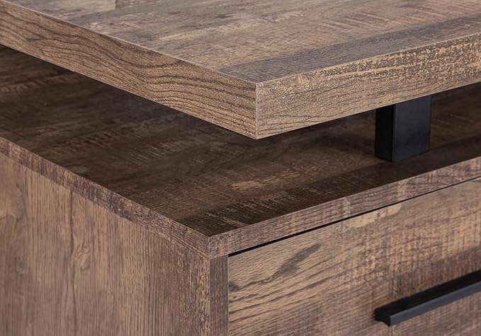 BOWERY HILL Computer Desk 60 in Wide Metal Legs Brown Reclaimed Wood-Look Finish Storage Drawers Thick-Panel Floating Top Reversible Configuration Modern Style Home Office Writing Desk