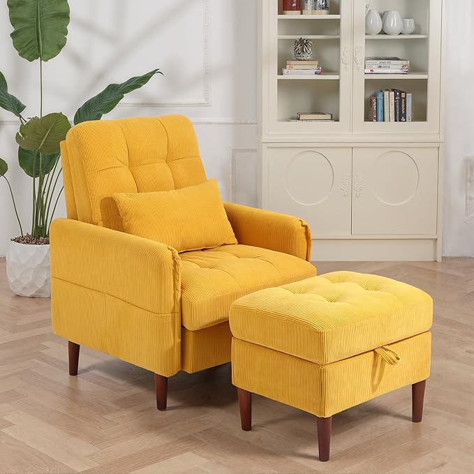Lumibee Accent Chair with Storage Ottoman Upholstered Comfy Reading Chair with Adjustable Reclining Backrest Corduroy Fabric Lounge Chair Armchair for Living Room Bedroom Set of 2 Orange
