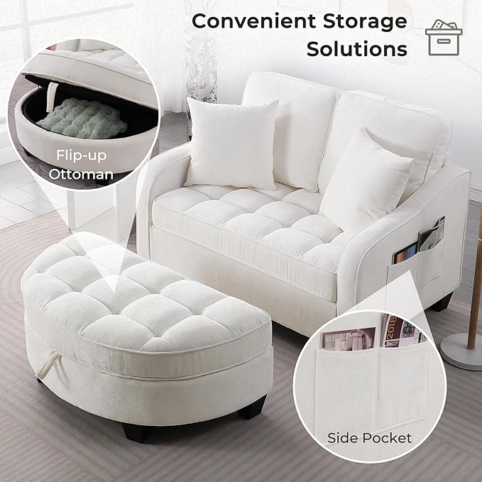 DEINPPA Oversized Accent Sofa Chair with Storage Ottoman Chenille Upholstered Comfy Chair with Throw Pillows for Living Room Reading Room Bedroom-Beige