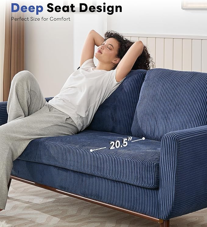 Tbfit Corduroy Couch for Living Room Mid Century Modern Sofa with Spring Cusions for BedroomComfy Upholstered Couches Easy Assembly with Solid Wood Legs &amp 2 Pillows (Blue 65inch)