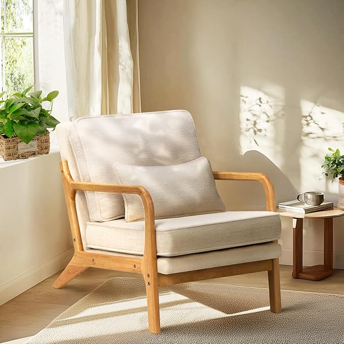 COLAMY Modern Accent Chair with with Solid Wood Frame Mid Century Reading Leisure Armchair Lumbar Pillow&amp Soft Cushion Relaxing Chair for Living RoomBedroomWaiting Room（Beige）