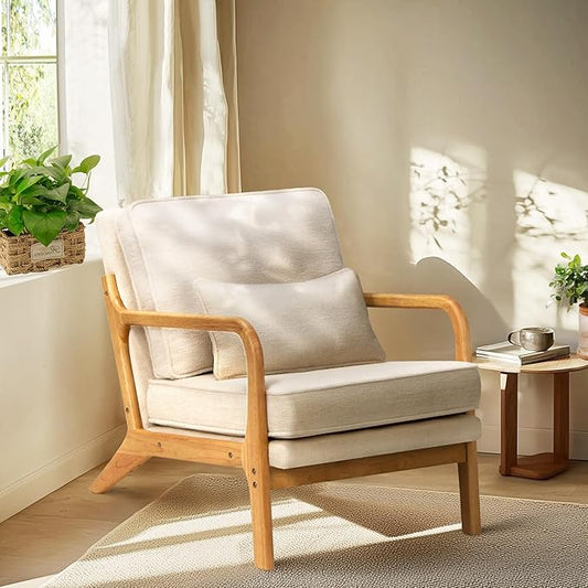 COLAMY Modern Accent Chair with with Solid Wood Frame Mid Century Reading Leisure Armchair Lumbar Pillow&amp Soft Cushion Relaxing Chair for Living RoomBedroomWaiting Room（Beige）