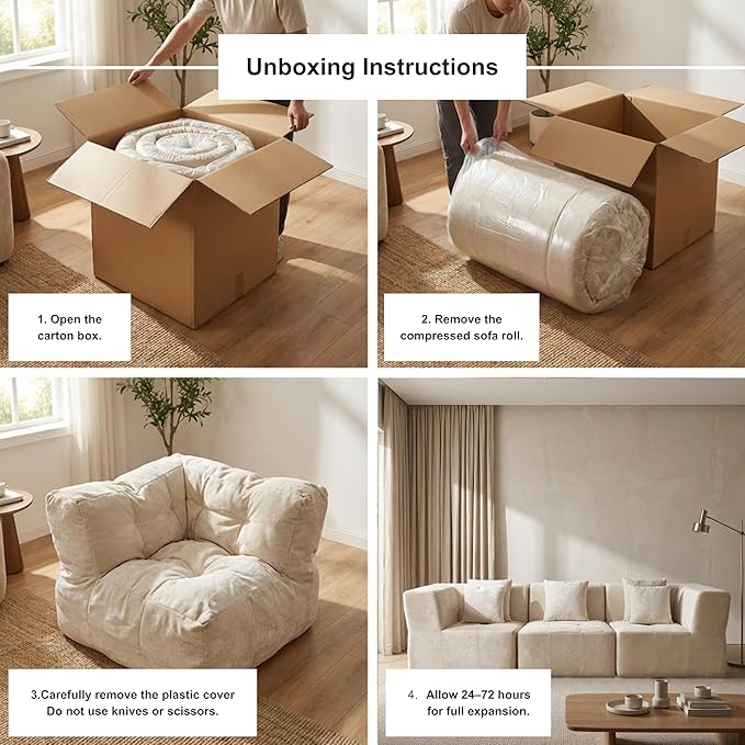 · REDEARTH · 3-Seater Modular Velvet Sectional Sofa No-Assembly Compressed Couch in a Box with Ottoman Firm Support Boneless Modular System in Plush Velvet for Living Room (3-Seater) Cream