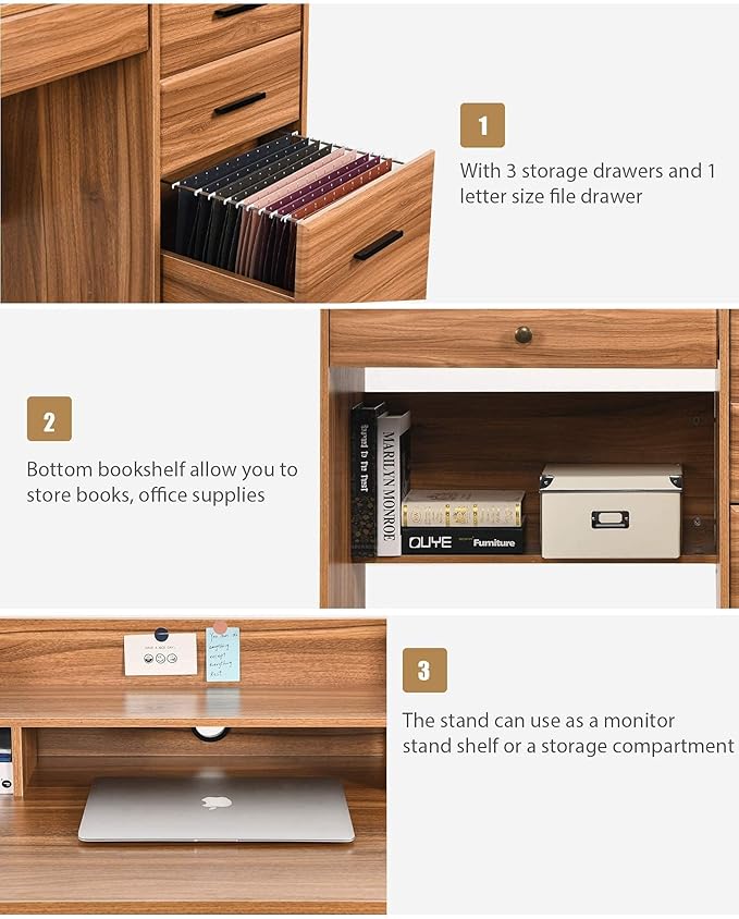 Catrimown Computer Desk with 4 Drawers and Hutch Home Office Desk with File Drawer 44” Rustic Oak Wood Desk Study Table for Bedroom Rustic Oak