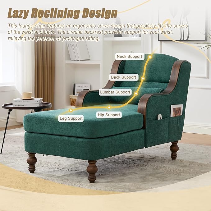 Upholstered Oversized Chaise Lounge Chair Solid Wood Frame Comfy Arm Chair with Thick Double-Layer Cushion Curved Armrests Modern Overstuffed Sleeper Recliner for Bedroom Living Room(Emerald Green)