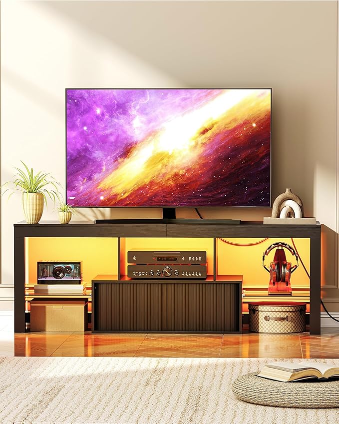 TV Stand with Power Outlet Modern TV Cabinet for 55 60 inch TVs Media TV Console with LED Light Strip Media Entertainment Center with Storage for Living Room Bedroom Black MDS02UDBB