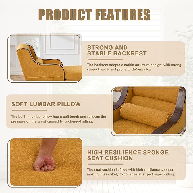 Upholstered Oversized Chaise Lounge Chair Solid Wood Frame Comfy Arm Chair with Thick Double-Layer Cushion Curved Armrests Modern Overstuffed Sleeper Recliner for Bedroom Living Room (Yellow)