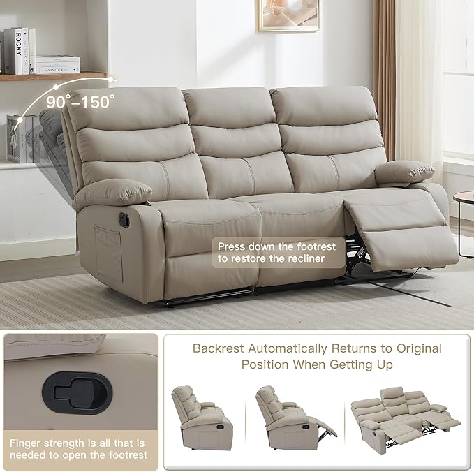 Loveseat Recliner Sofa Set Small Leather Couch 3-Seater Manual Seater Reclining Triple Recliner Chair for Living Room RV Home Theater Seating(Beige 3 Seater Sofa)